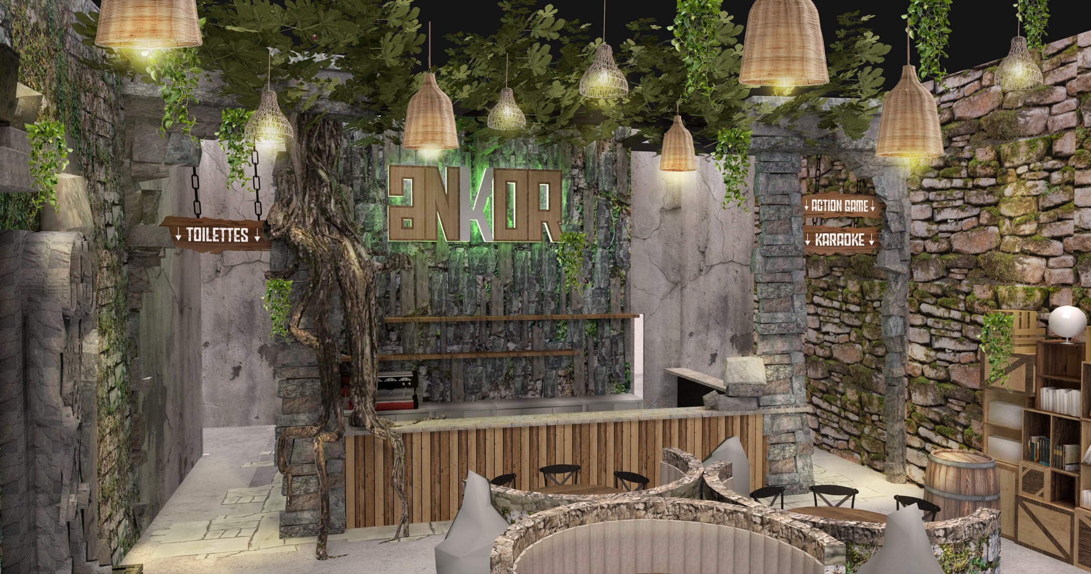 Rendu 3D de l'espace central bar et restaurant d'Ankor