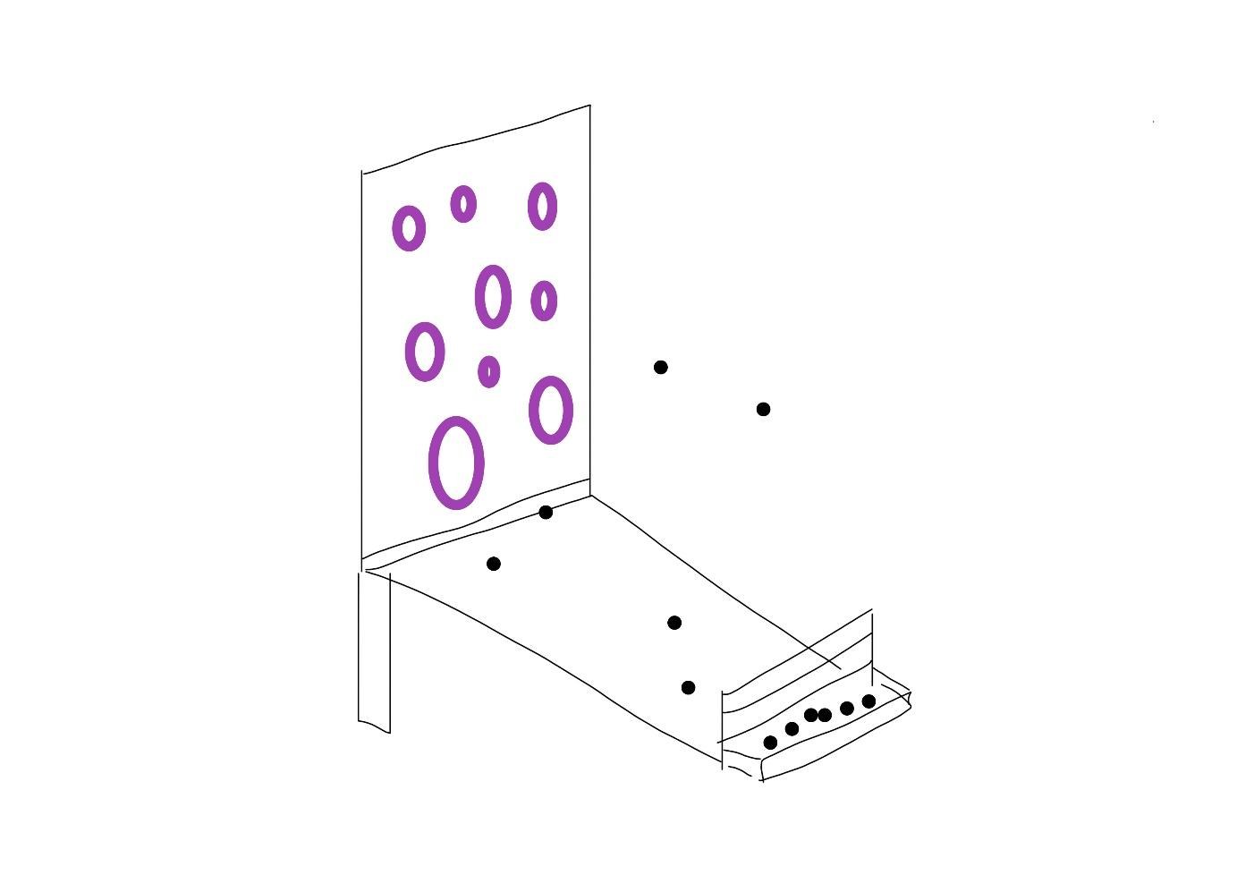 Diagram of the Lightning room: play wall, sloping floor and ball recovery tray