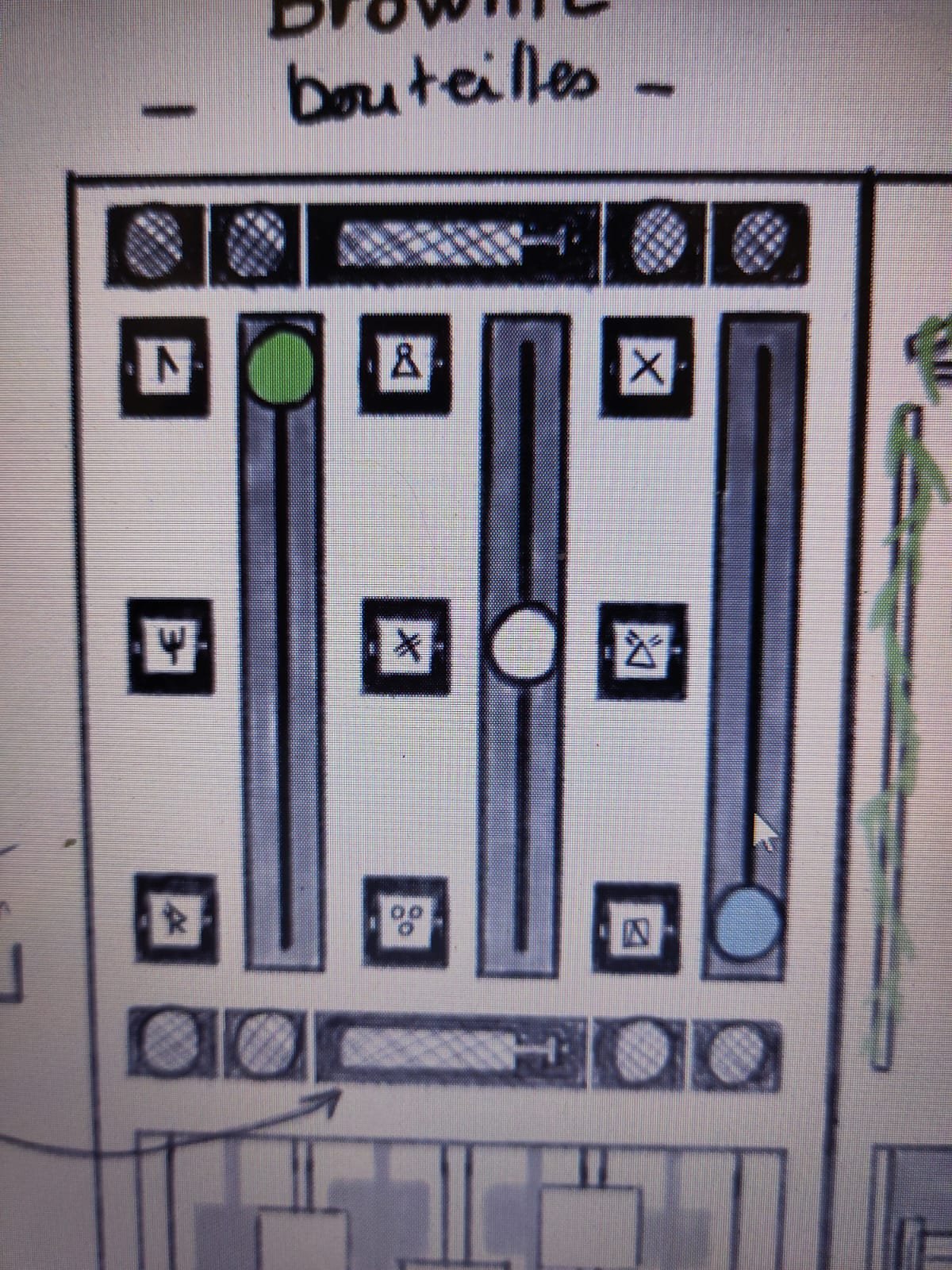 A puzzle interface, screen set into the furniture