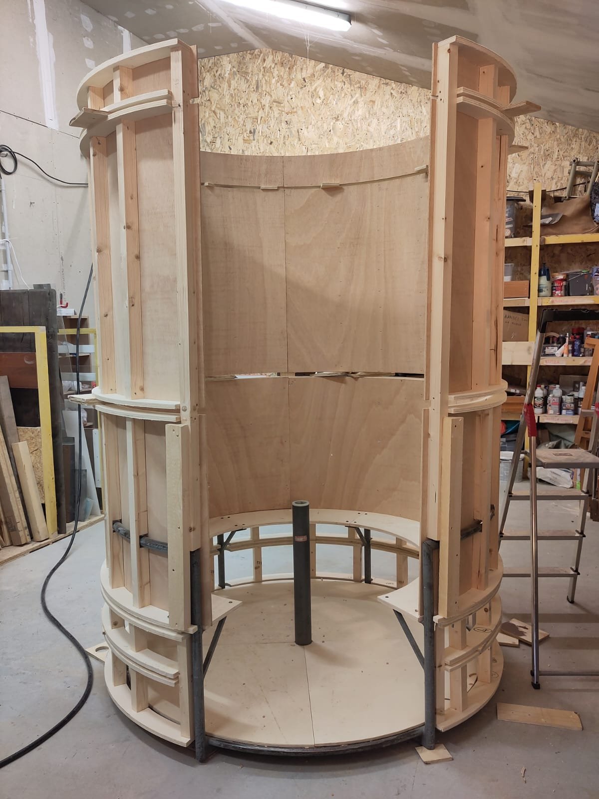 The barrel frame going up in the workshop
