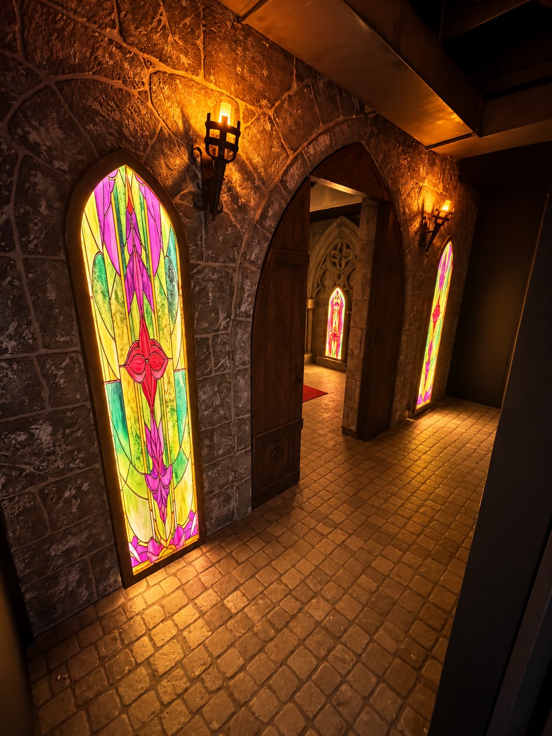 The castle entrance corridor and its lit stained glass