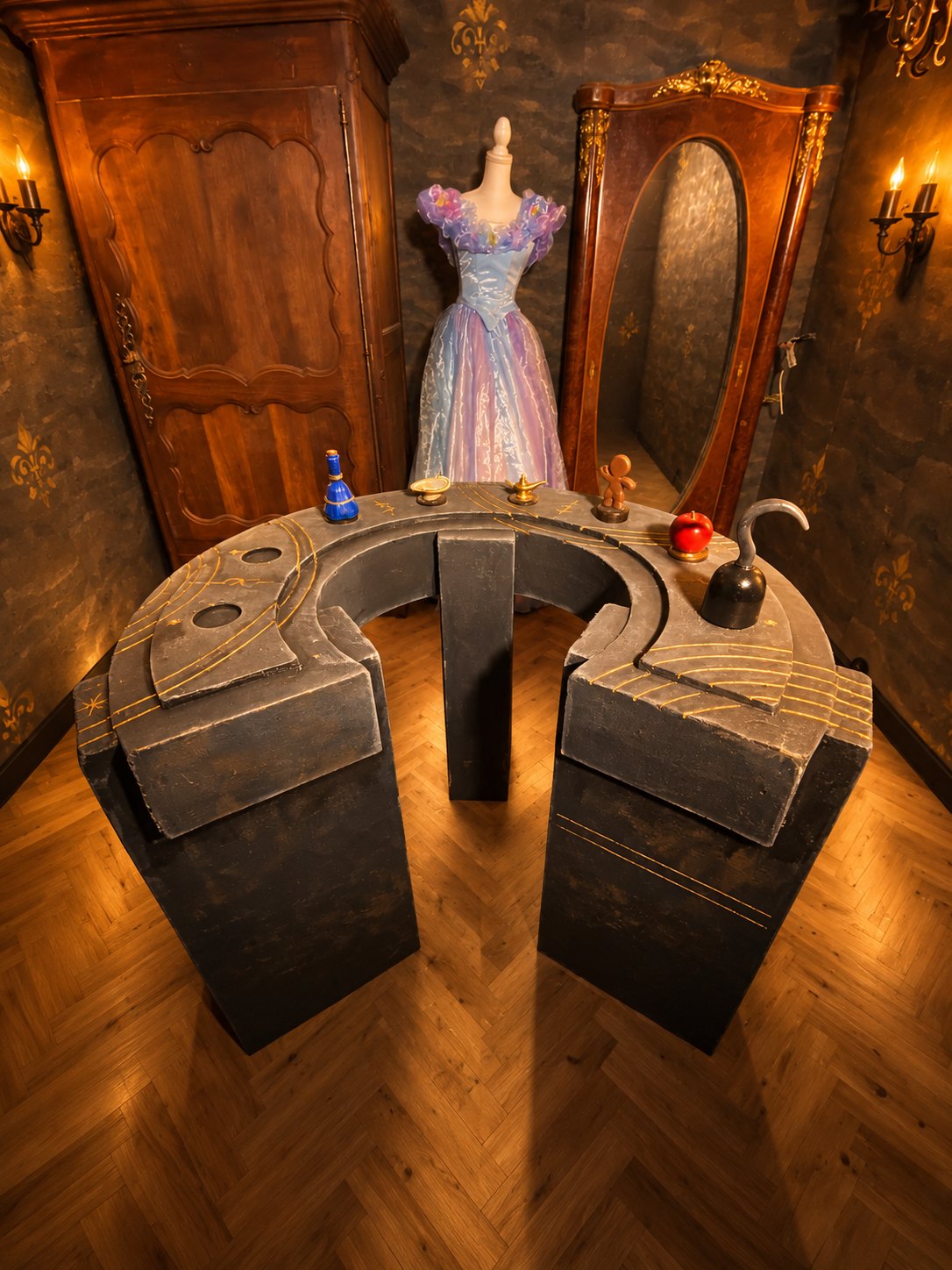 The magical objects space, gown and mirror