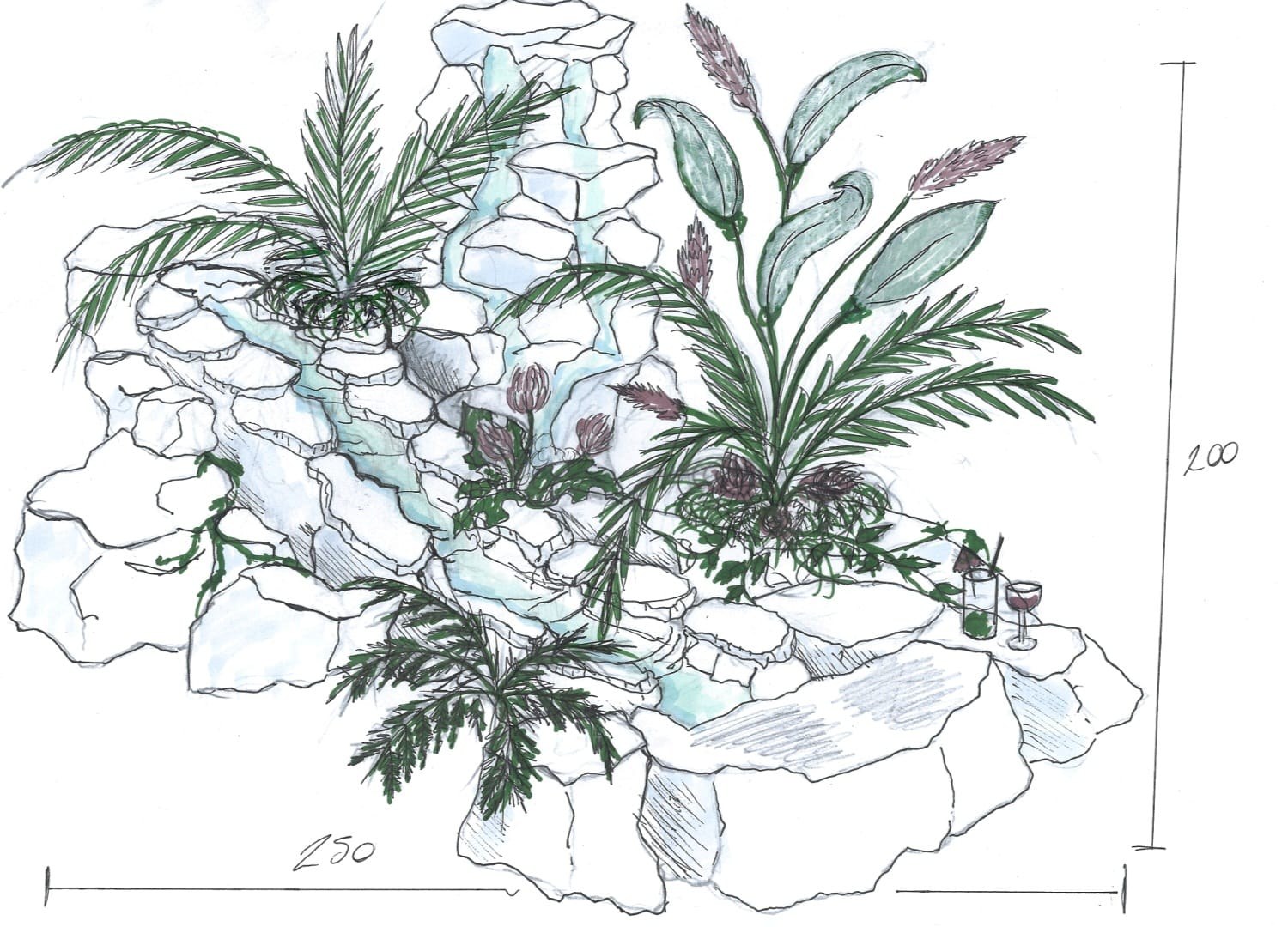 Croquis coté du rocher planté, dessiné à la main avant fabrication