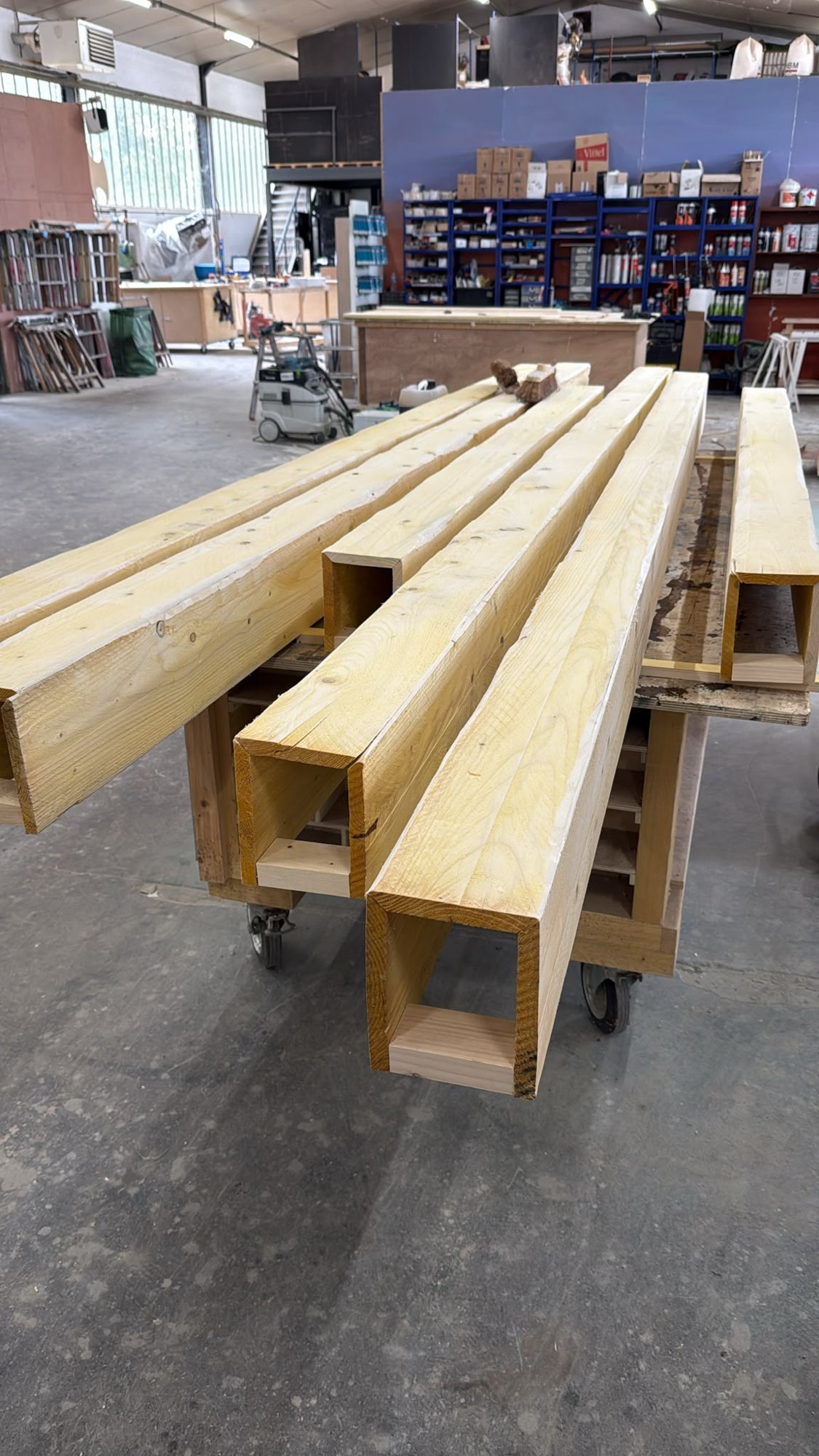 Timber boxes and beams being made in the workshop