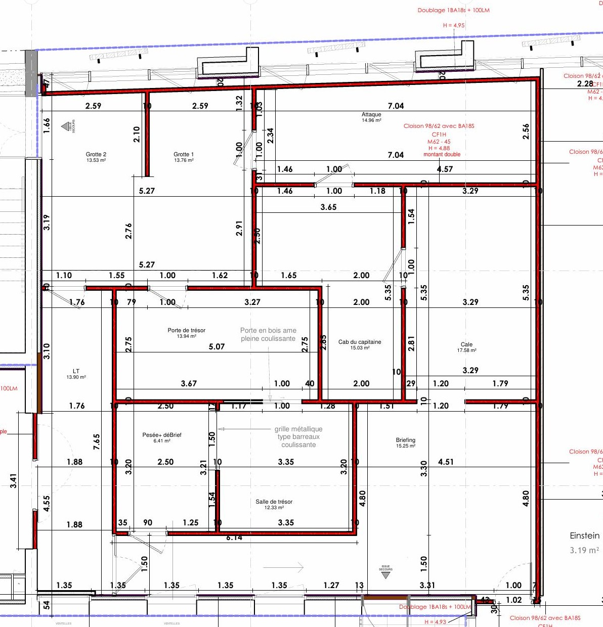 Layout drawing of the Pirate Experience course in Nice, rooms dimensioned and partitions to be built