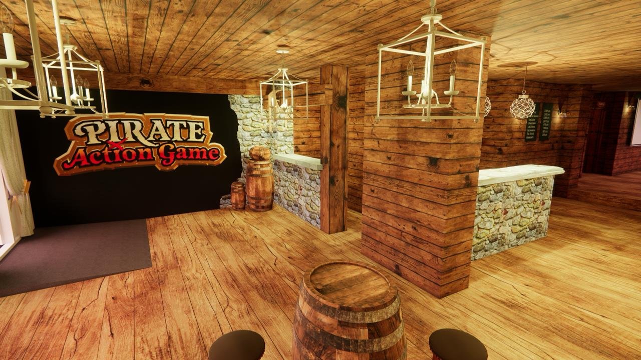 Le bar de la taverne et son enseigne, dessinés avant construction