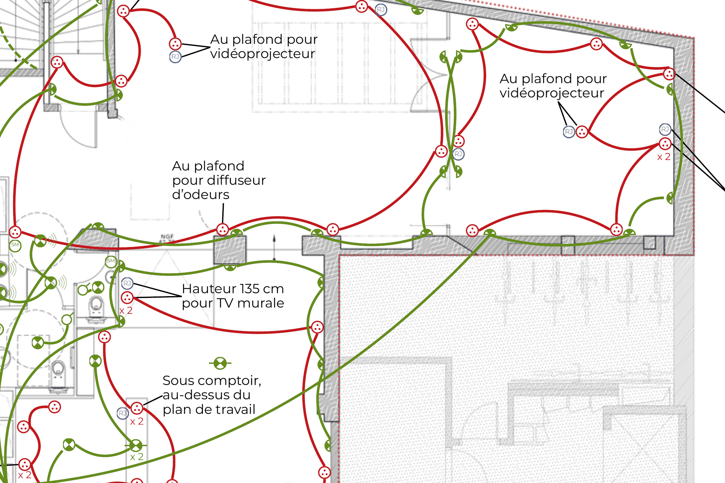 Electrical plan for Pirate Experience in Paris: sockets, light points, network and technical provisions