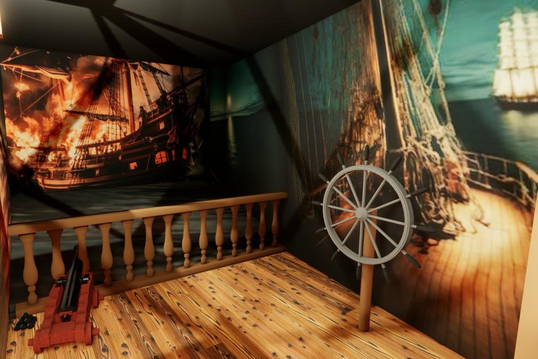 3D render of the attack room at Pirate Experience in Paris, in the project's set and lighting