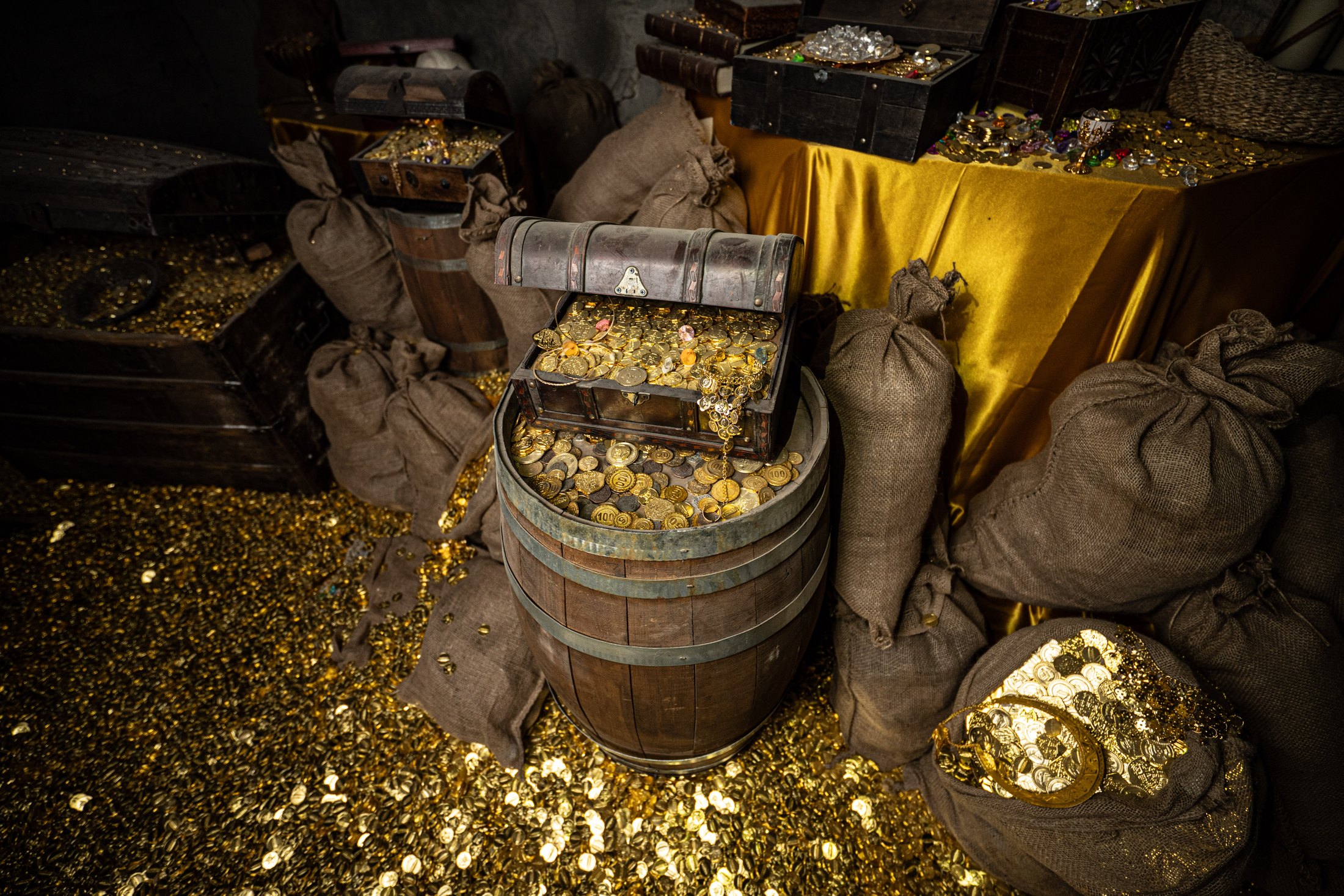 The treasure room: chest, sacks and gold coins